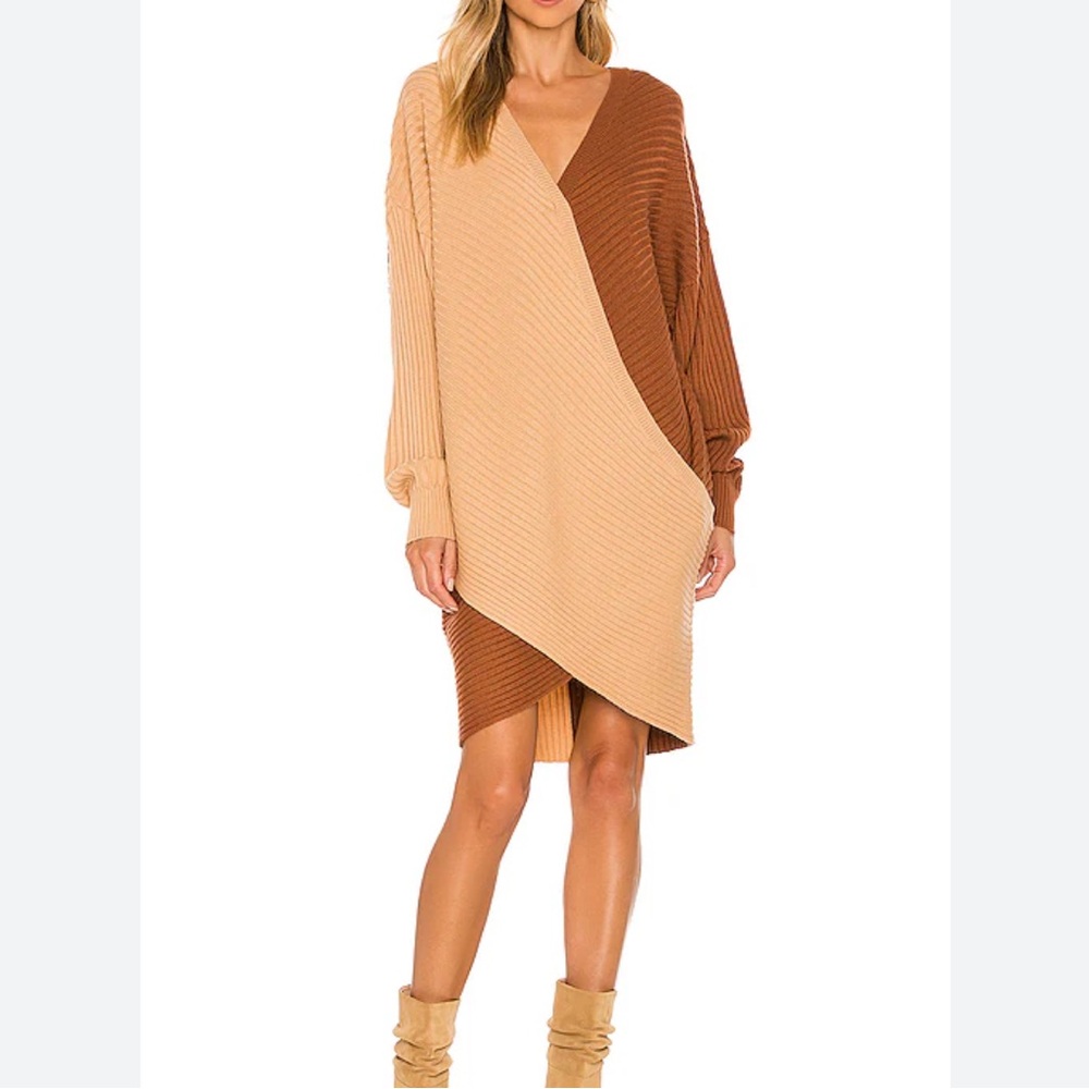 NWT🤎AMUR Samira Two-Toned Overlap Camel Sweater Dress.